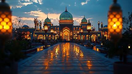 Fototapeta premium Illuminated mosque at dusk, reflecting in water.