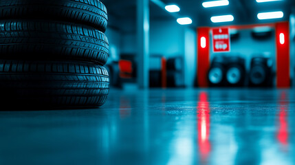 A tire sale display corner in an auto workshop, a few tires stacked on top of each other with a price tag and promotional sign hanging nearby, soft lighting illuminating the polish