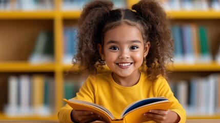 Bright and inviting library setting featuring an African American schoolgirl reading a colorful book at a wooden table