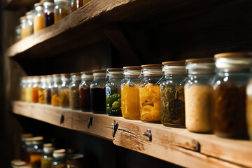 Jars filled with various ingredients arranged on wooden shelves. Rustic pantry setting exudes warmth and charm. Concept of home cooking, food preservation, culinary arts