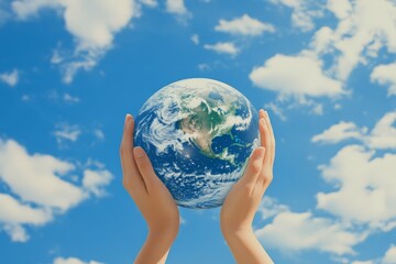 Hands holding a globe against a blue sky with clouds, symbolizing environmental care.