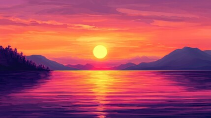 vibrant sunset over calm lake and mountains