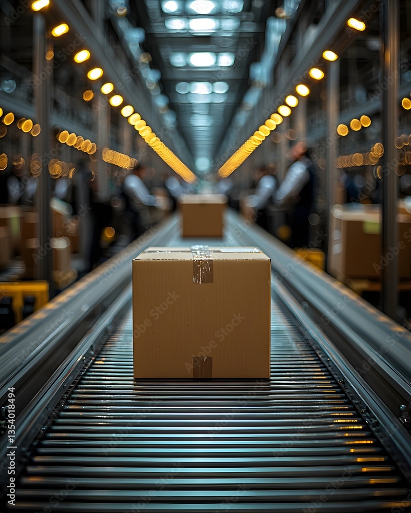 Poster parcel box in a busy courier office with workers and sorting packages rapidly
