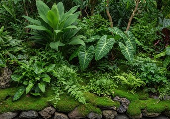 Obraz premium Lush greenery featuring various plants including ferns moss and large leafed tropical vegetation