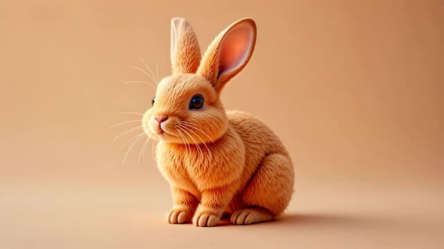 Adorable Brown Bunny with Soft Fur Sitting on Warm Tan Background in Studio Lighting