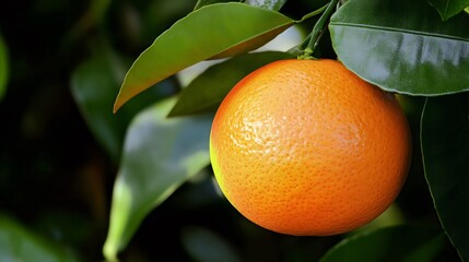 Ripe orange hanging on branch surrounded by green leaves