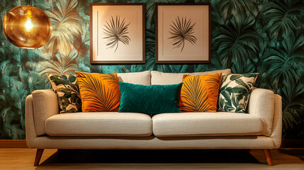 Beige sofa with orange and green patterned pillows against a tropical leaf wallpaper background Two framed leaf prints hang above Mockup for interior design