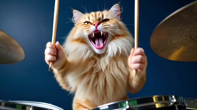 Funny Cat Playing Drums with Drumsticks in a Colorful Studio Setting Full of Energy and Enthusiasm