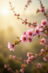 Obraz premium Branch of delicate pink cherry blossoms, known as sakura, in full bloom. Cultural campaigns, nature-themed visuals, and seasonal promotions celebrating renewal and ephemeral beauty.
