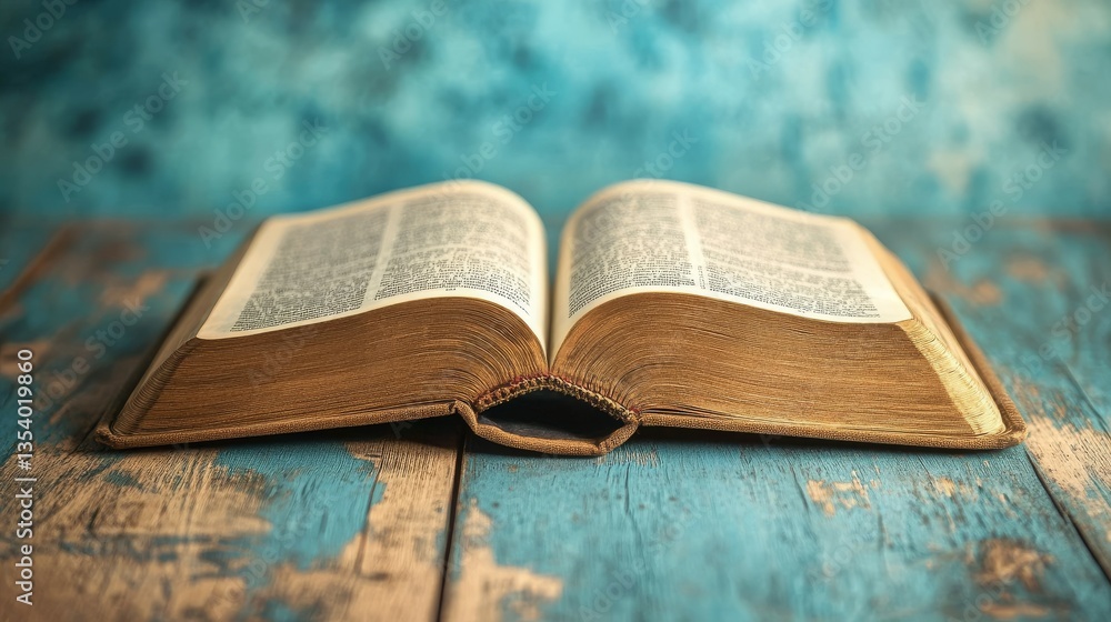 Aufkleber an open book resting on a rustic wooden surface with a textured blue background.
