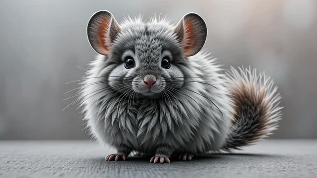 Adorable Chinchilla Studio Portrait with Gray Fur and Focused Eyes on Neutral Background