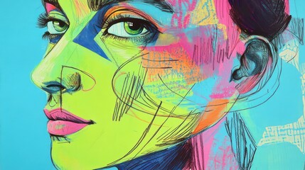 A bold abstract collage of a female face in neon colors like cyan, magenta, and lime green
