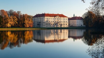 Fototapeta premium Autumnal Reflection: Palace on a Calm Lake