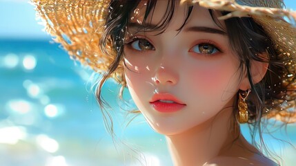 Sun-Kissed Beauty Beach Portrait, Summer Straw Hat