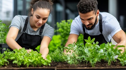 Young Couple Gardening  Planting Herbs  Rooftop Garden