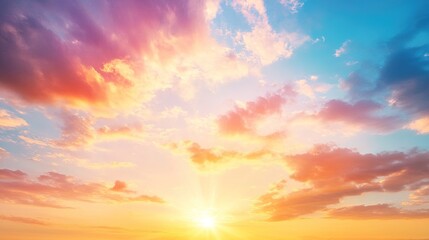 Obraz premium Beautiful sky with colorful clouds and rays of sunlight, enchanting scene of tranquility and hope, orange, pink, blue, yellow, purple hues, joy, peace, love, unity, radiant sun casting warm glow