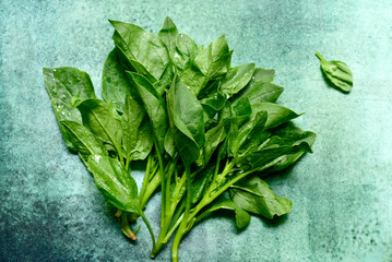 Fresh organic spinach leaves on a green background. Top view with copy space.