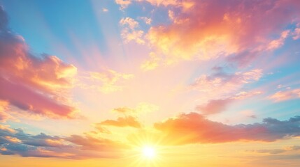 Obraz premium Beautiful sky with colorful clouds and rays of sunlight, enchanting scene of tranquility and hope, orange, pink, blue, yellow, purple hues, joy, peace, love, unity, radiant sun casting warm glow