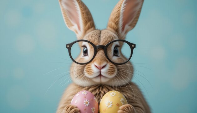 An adorable brown bunny rabbit wea spectacles holds two pastel Easter eggs against a serene light blue background perfect for sp holiday cards and festive designs.