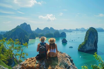 Vibrant Image of Happy Couple at Phang Nga Bay Viewpoint