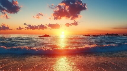 Fototapeta premium Beautiful sunrise over sea casting warm hues across horizon, illuminating sandy beach below, photorealistic hyper-realistic style, professional photography, color grading, soft shadows