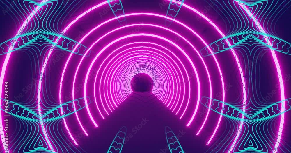 Poster animation of glowing patterns in neon pink tunnel creating futuristic effect
