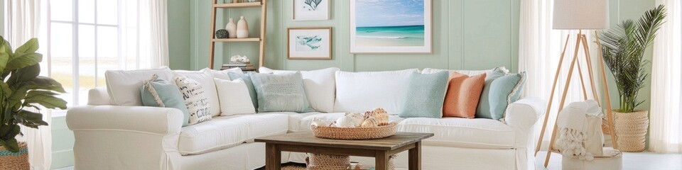 Bright and Cozy Living Room. Stylish Interior with Colorful Decor, Comfortable Sofa, and Trendy Home Accents. Real Estate and Home Design Concept with Copy Space.