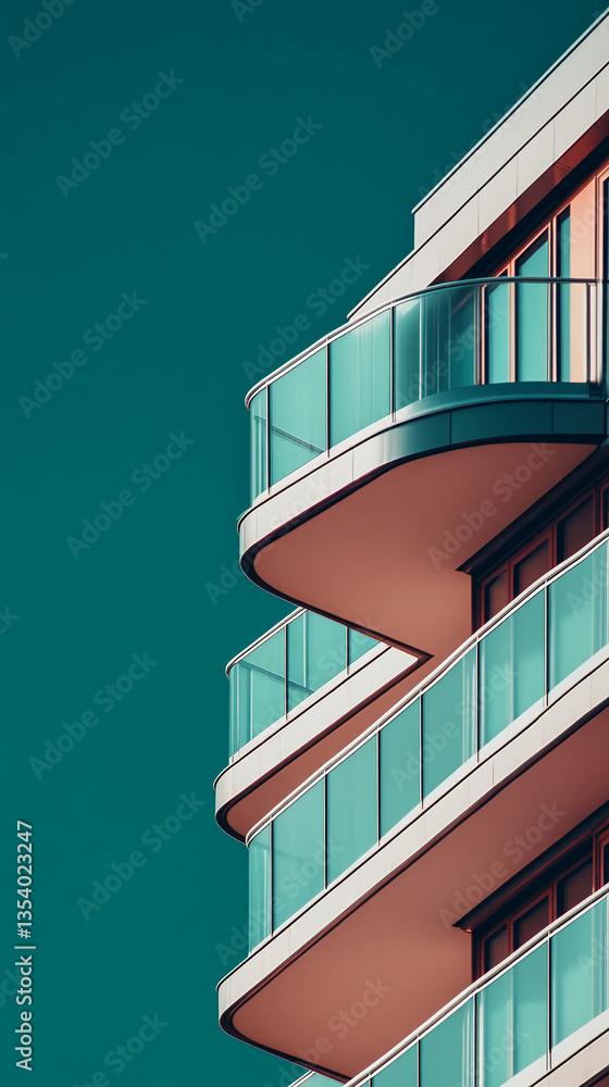 Poster abstract image of modern building balconies with teal glass railings against a teal sky, showcasing 