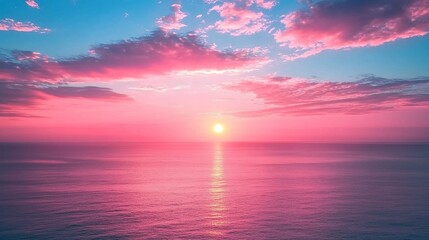 Fototapeta premium Serene sunset over ocean with pastel pink and orange clouds against deep blue sky, calm sea reflects colors, peaceful enchanting atmosphere, sharp focus captures nature's palette at twilight