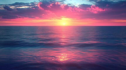 Serene sunset over ocean with pastel pink and orange clouds against deep blue sky, calm sea reflects colors, peaceful enchanting atmosphere, sharp focus captures nature's palette at twilight