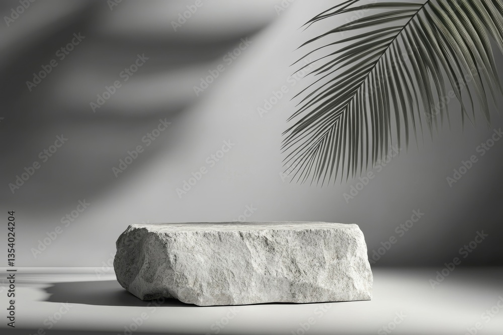Poster a textured stone on a minimalist surface with a palm leaf casting shadows.