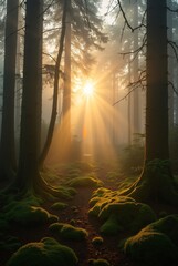 Golden rays of sunlight piercing the fog in a morning forest, with detailed textures of moss and trees