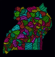 Uganda Word Cloud. Region names of the country in the English language. Bright neon style design on a dark background. Uganda shape with administrative divisions. Creative vector illustration.