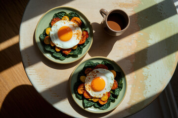 Deliciously Crafted Breakfast Plates with Sunny-Side-Up Eggs and Saut&eacute;ed Greens Accompanied by a Cozy Mug of Coffee in Soft Morning Light