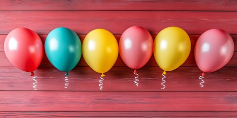 Six colorful balloons hanging against a red wooden plank background