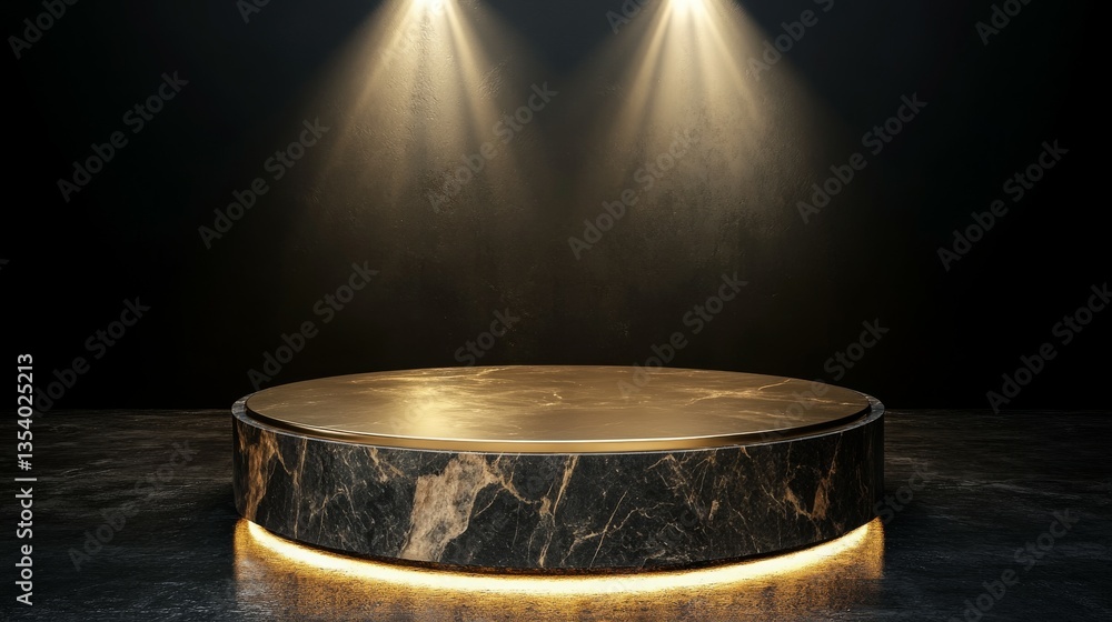 Poster a circular marble platform illuminated by two spotlights in a dark setting.