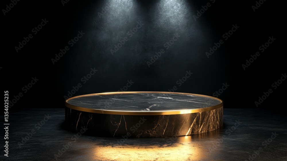 Poster a circular black marble platform illuminated by soft spotlights in a dark setting.