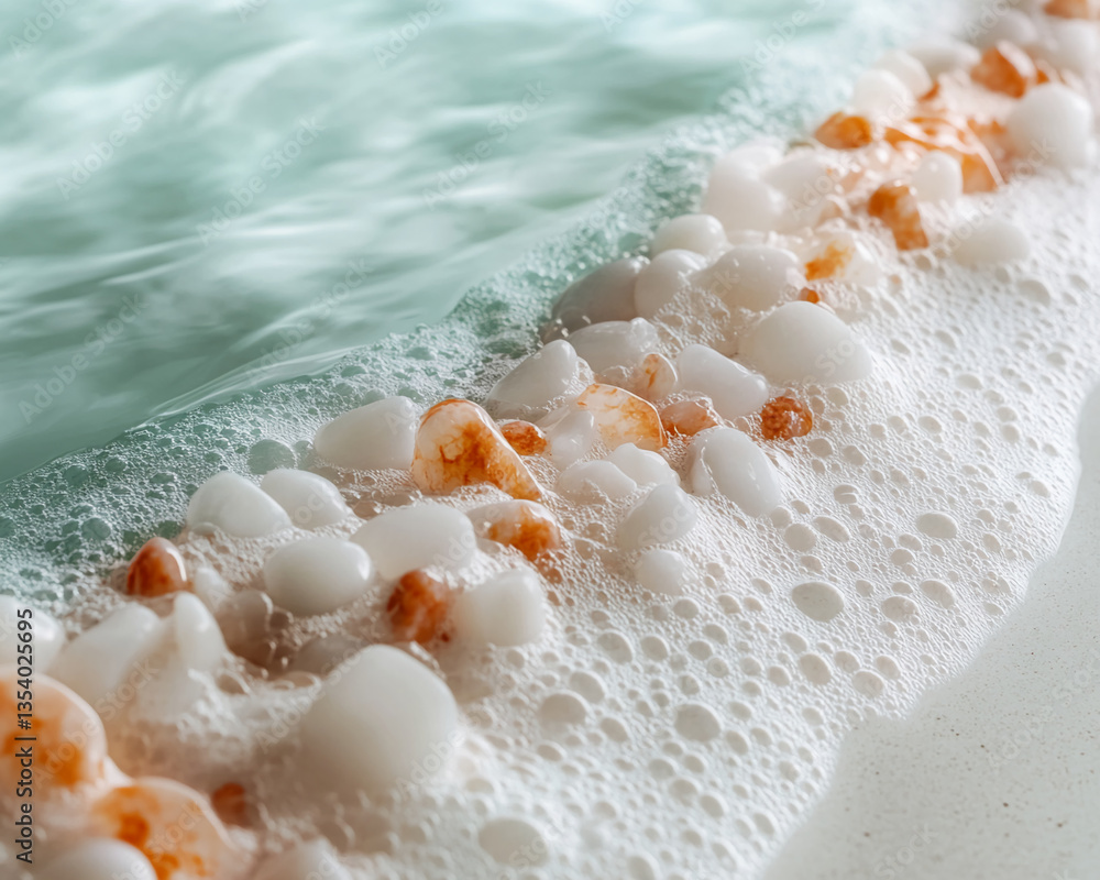 Poster close-up of white and peach stones in soapy water, creating a calming, spa-like scene. represents pu