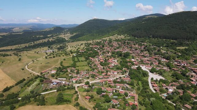 Aerial view of village of Zheravna with nineteenth century houses, Sliven Region, Bulgaria
