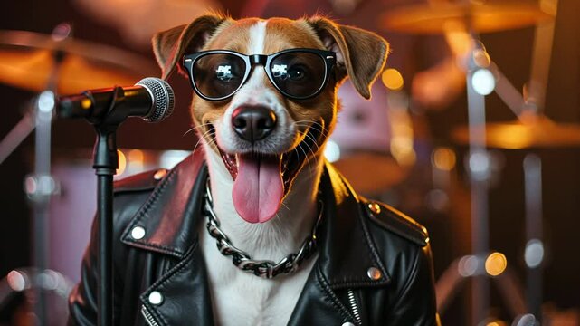 Cool Dog Wearing Sunglasses and Leather Jacket Standing in Front of Microphone in a Music Band Environment with Drums in Background