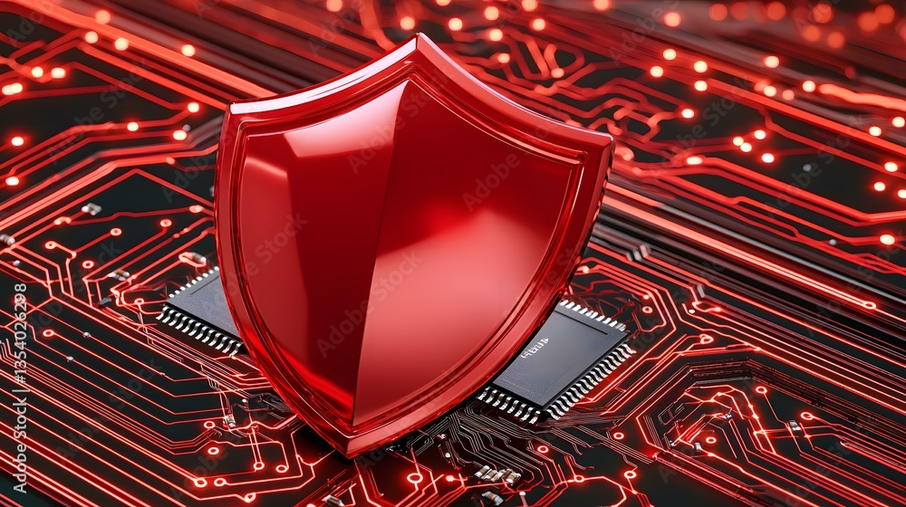 Poster a glossy red shield rests atop a microchip on a circuit board with glowing red lines, symbolizing ro