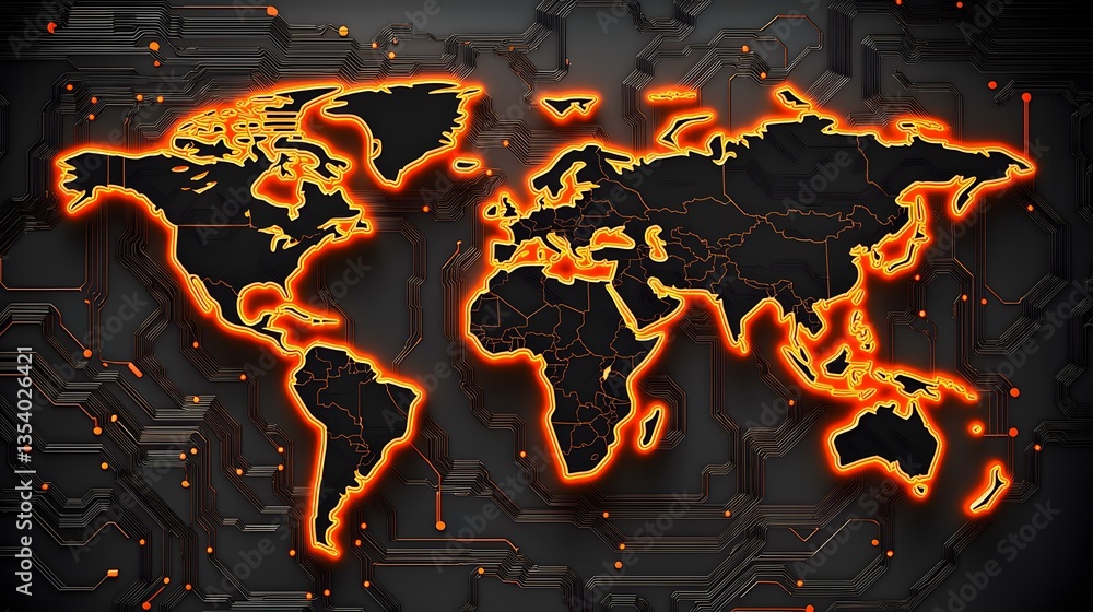 Poster a world map is embedded within a circuit board, illuminated with a vibrant orange glow.