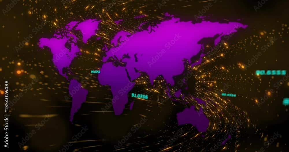 Poster animation of purple world map with glowing data points and swirling golden particles