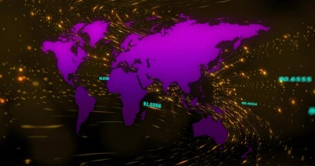 Animation of purple world map with glowing data points and swirling golden particles - Powered by Adobe
