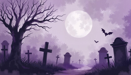 Fototapeta premium Spooky graveyard with crooked tombstones under full moon, Halloween theme