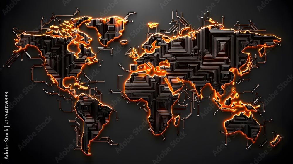 Poster the image shows a world map designed to look like a circuit board, with orange glowing lines tracing
