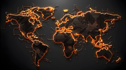 The image shows a world map designed to look like a circuit board, with orange glowing lines tracing the continents.