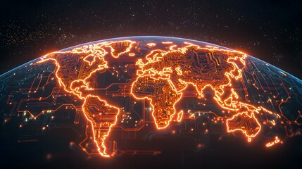 The image shows a stylized representation of the Earth, where the continents are outlined in glowing orange lines resembling a circuit board.A glowing orange circuit board pattern depicting the world