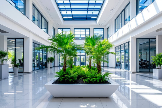 A large planter filled with plants in the middle of a large lobby - Powered by Adobe