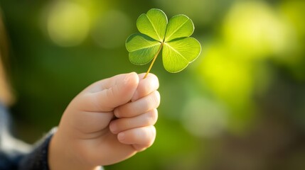 Close Up of a Small Child Holding a Four Leaf Clover in Their Hand with Natural Lighting